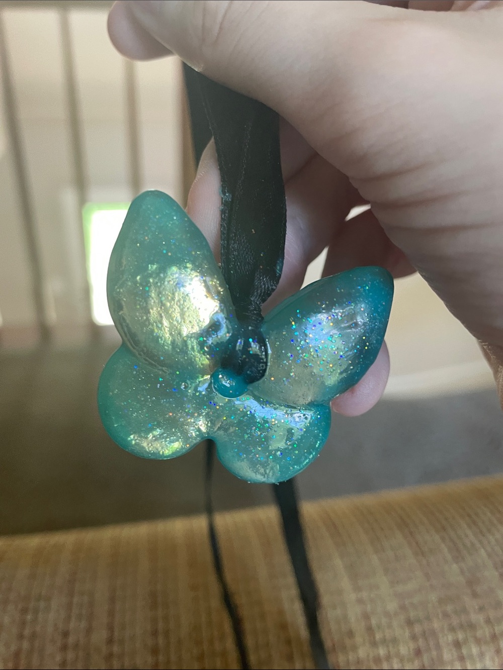 Teal Glitter Butterfly Pendant on Black Ribbon Necklace